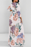 Blue Boho Floral Butterfly Print Deep V Neck 3/4 Sleeve Strap Design Belted Floor Length Plus Size Vacation Loose A Line Maxi Dress
