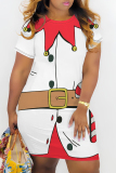 Dark Red Christmas Print O Neck Short Sleeve Wrapped Skirt Short Sleeve Casual Outing Bodycon Mini T-shirt Dress