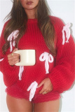 Red Woolen Weaving Casual Loose Bow Decor Round Neck Long Sleeve Fall Winter Knitted Sweater Tops