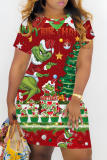 Pink Christmas Grinch Print O Neck Short Sleeve Wrapped Skirt Short Sleeve Casual Outing Bodycon Mini T-shirt Dress