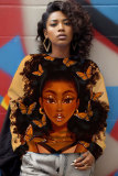 Pink Green Figure African Girl Print Round Neck Long Sleeve Fall Winter Fleece Sweatshirt Tops