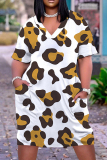 Brown Casual Leopard Print V Neck Short Sleeve Pockets Plus Size T-shirt Midi Dresses