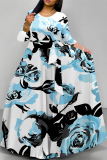 Blue Boho Floral Butterfly Print Deep V Neck 3/4 Sleeve Strap Design Belted Floor Length Plus Size Vacation Loose A Line Maxi Dress