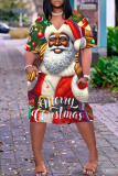 Red Santa Claus Print V Neck Short Sleeve Plus Size Straight Loose T Shirt Midi Dress with Pocket