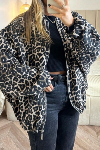 Casual Loose Leopard Print Zipper Collar Long Sleeve Fall Winter Jackets Coats Outerwear