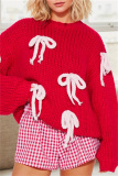 Red Woolen Weaving Casual Loose Bow Decor Round Neck Long Sleeve Fall Winter Knitted Sweater Tops