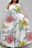 Blue Boho Floral Butterfly Print Deep V Neck 3/4 Sleeve Strap Design Belted Floor Length Plus Size Vacation Loose A Line Maxi Dress