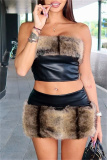 Black PU Plush Skinny Party Club Backless Strapless Sleeveless Tube Tops and Mini Wrap Skirts Fall Winter Two Pieces Dress Sets