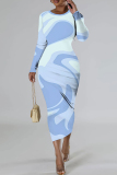 Gray Pink Graphic Letter Print O Neck Long Sleeve Casual Outing Bodycon Pencil Maxi Dress