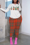 White Brown Christmas Letter Plaid Print Round Neck Long Sleeve Sweatshirt and Pencil Sweatpants Fall Winter Two Pieces Sweatsuits Sets