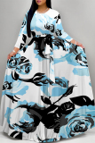 Blue Boho Floral Butterfly Print Deep V Neck 3/4 Sleeve Strap Design Belted Floor Length Plus Size Vacation Loose A Line Maxi Dress