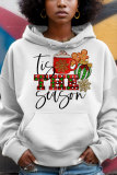 White Golden Christmas Casual Tree Letter Print Draw String Hooded Collar Long Sleeve Fall Winter Sweatshirts Tops