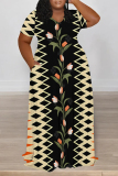 Black White Boho Geometric Print Basic POLO Collar Short Sleeve Pockets Loose Casual Outing Midi T-shirt Dress