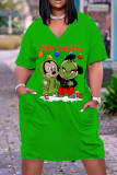Green Black Christmas Grinch Outfit V Neck Short Sleeve Casual Outing T Shirt Midi Dress