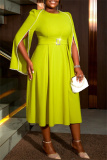Mustard Green Party Evening Prom Formal Office O Neck Cape Sleeve A Line Pleated Midi Dresses