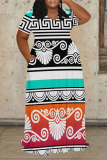 Black White Boho Geometric Print Basic POLO Collar Short Sleeve Pockets Loose Casual Outing Midi T-shirt Dress