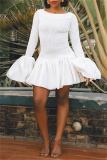 White Formal Evening Party Prom Gown O Neck Flare Sleeve Ruffle Hem Pleated Bodycon Flouncy Mini dress