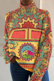 Black Girl Floral Geometric Print Loose Turtleneck Long Sleeve Fall Winter Knitted Sweater Tops