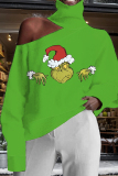 Yellow Green Christmas Grinch Letter Print Hollow Out Turtleneck Cold Shoulder Long Sleeve Fall Winter Blouses Tops