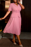 Pink Formal Office Lady V Neck Short Sleeve Pleated Midi Blazer Dresses