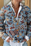Blue Casual Butterfly Floral Dog Figure Print Buttons V Neck Long Sleeve Fall Winter Knitting Sweater Cardigans Coats Outerwear