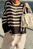 Brown Loose Stripe Contrast Weave Casual Loose Round Neck Long Sleeve Fall Winter Knitted Sweater Tops