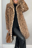 Khaki Casual Leopard Patchwork Fluffy Plush Turndown Collar Long Sleeve Fall Winter Long Cardigan Coats Outerwear