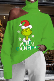 Yellow Green Christmas Grinch Letter Print Hollow Out Turtleneck Cold Shoulder Long Sleeve Fall Winter Blouses Tops