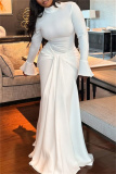 White Turtleneck Flare Sleeve Front Knotted Mermaid Hem Formal Evening Party Prom Wedding Guest Maxi Dresses
