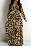 Dark Khaki Casual Leopard Print O Neck Long Sleeve Straight Loose Vacation Plus Size Maxi Dresses