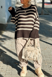 Brown Loose Stripe Contrast Weave Casual Loose Round Neck Long Sleeve Fall Winter Knitted Sweater Tops