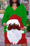 Green Red Christmas Dress Santa Claus Print Deep V Neck Long Sleeve Ankle Length Casual Outing Straight Loose Midi Dress with Pocket