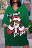 Green Red Christmas Dress Santa Claus Print Deep V Neck Long Sleeve Ankle Length Casual Outing Straight Loose Midi Dress with Pocket