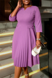 Purple Formal Office Lady V Neck Short Sleeve Pleated Midi Blazer Dresses