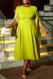 Mustard Green Party Evening Prom Formal Office O Neck Cape Sleeve A Line Pleated Midi Dresses