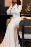 White Turtleneck Flare Sleeve Front Knotted Mermaid Hem Formal Evening Party Prom Wedding Guest Maxi Dresses