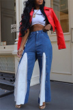 Blue Casual Daily Patchwork Contrast High Waist Boot Cut Button up Fake Two Layer Denim Flared Jeans