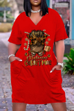Red Green Christmas Dress Graphics Print Deep V Neck Long Sleeve Ankle Length Casual Outing Straight Loose Midi Dress with Pocket