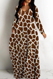 Dark Khaki Casual Leopard Print O Neck Long Sleeve Straight Loose Vacation Plus Size Maxi Dresses