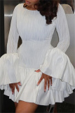 White Formal Evening Party Prom Gown O Neck Flare Sleeve Ruffle Hem Pleated Bodycon Flouncy Mini dress