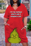 Red Christmas Grinch Outfit V Neck Casual Outing Plus Size T Shirt Midi Dress with Pocket