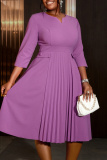 Purple Formal Office Lady V Neck Short Sleeve Pleated Midi Blazer Dresses