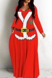 Red Christmas Santa Claus Snowman Print V Neck Long Sleeve Floor Length Vacation Baggy Maxi Dress