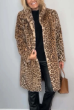 Khaki Casual Leopard Patchwork Fluffy Plush Turndown Collar Long Sleeve Fall Winter Long Cardigan Coats Outerwear
