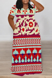 Black White Boho Geometric Print Basic POLO Collar Short Sleeve Pockets Loose Casual Outing Midi T-shirt Dress