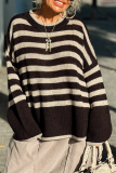 Brown Loose Stripe Contrast Weave Casual Loose Round Neck Long Sleeve Fall Winter Knitted Sweater Tops