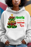 White Golden Christmas Casual Tree Letter Print Draw String Hooded Collar Long Sleeve Fall Winter Sweatshirts Tops