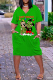 Green Black Christmas Grinch Outfit V Neck Short Sleeve Casual Outing T Shirt Midi Dress