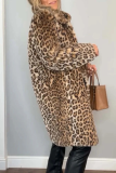 Khaki Casual Leopard Patchwork Fluffy Plush Turndown Collar Long Sleeve Fall Winter Long Cardigan Coats Outerwear