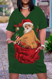 Red Christmas Grinch Outfit V Neck Casual Outing Plus Size T Shirt Midi Dress with Pocket
